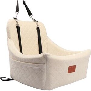 Dog Car Seat Medium Sized Pet Travel Car Bed w Seat Belt Channel Creme Washable